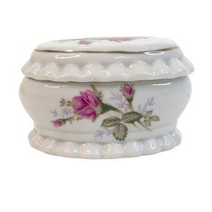 Vintage Trinket Box Pink Rose Ruffle Edge Gold Trim Jewelry Ring Coin Catch All
